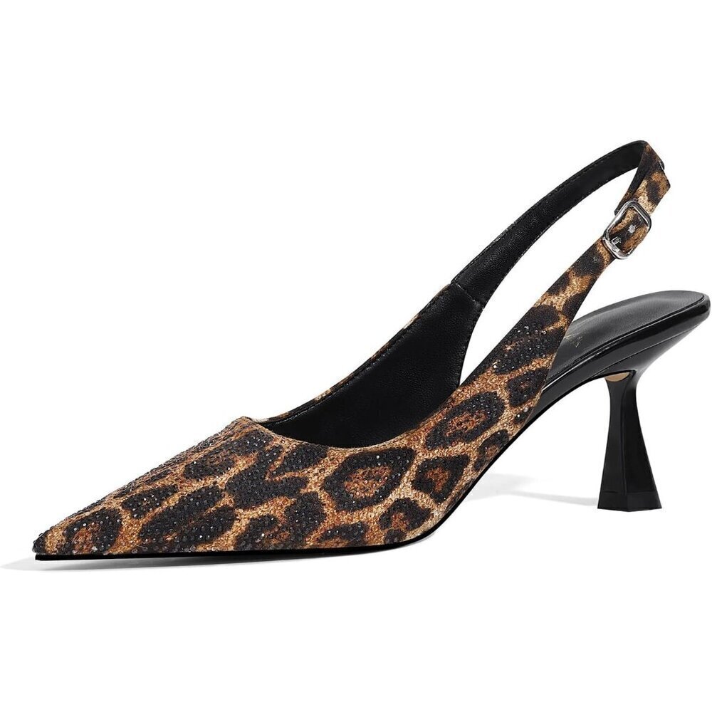 🆕Women's Leopard Faux Leather Kitten Heels Slingback Sparkly Dress Pumps Shoes